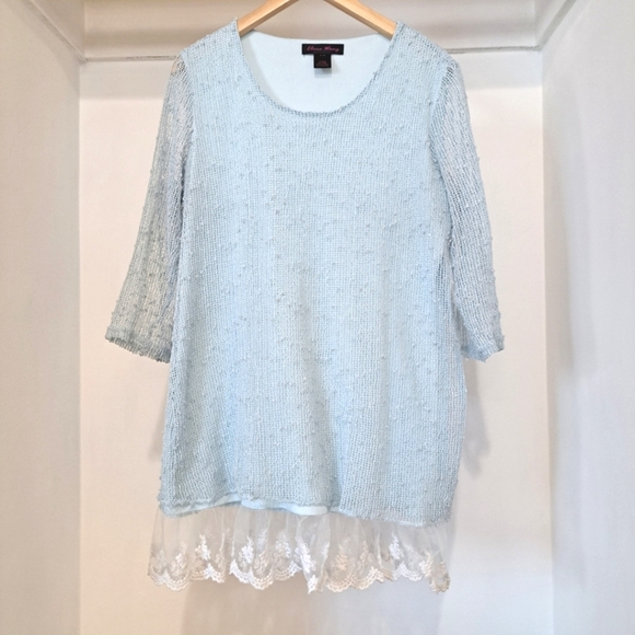 Elena Wang | Pastel blue long knit sweater with sequins & lace trim - Picture 3 of 11